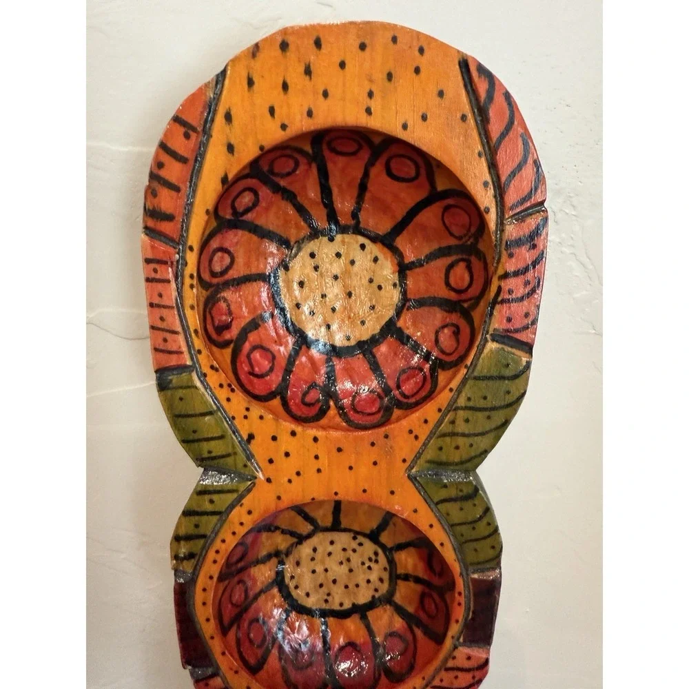 VTG Shallow Wood Bowl Desk Organizer Hand Painted Trinket Holder Ring Decor
